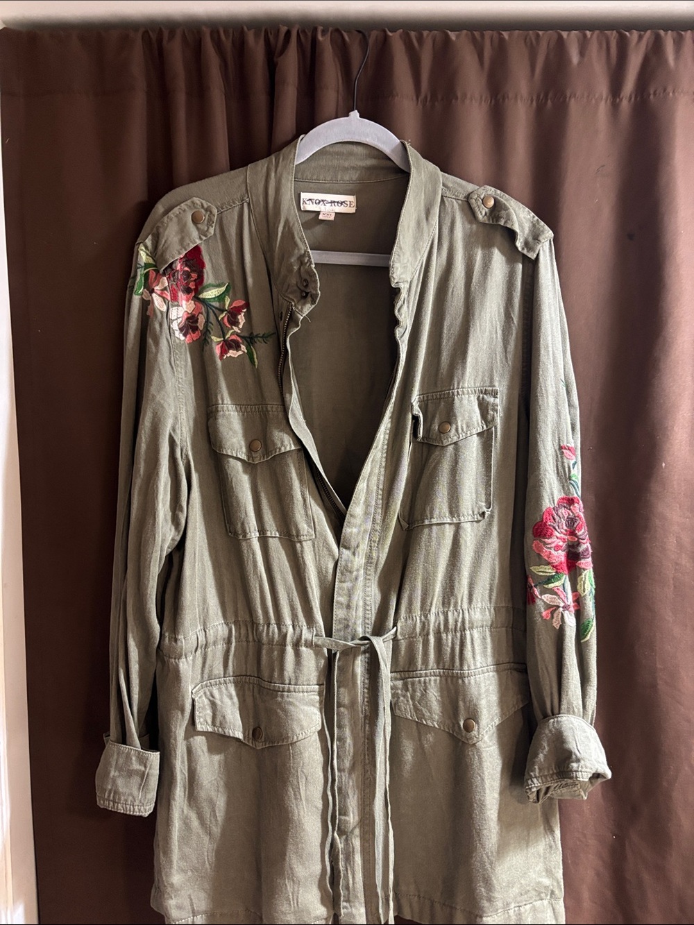 Knox Rose Olive Utility Jacket with Pink & Red Floral Embroidery